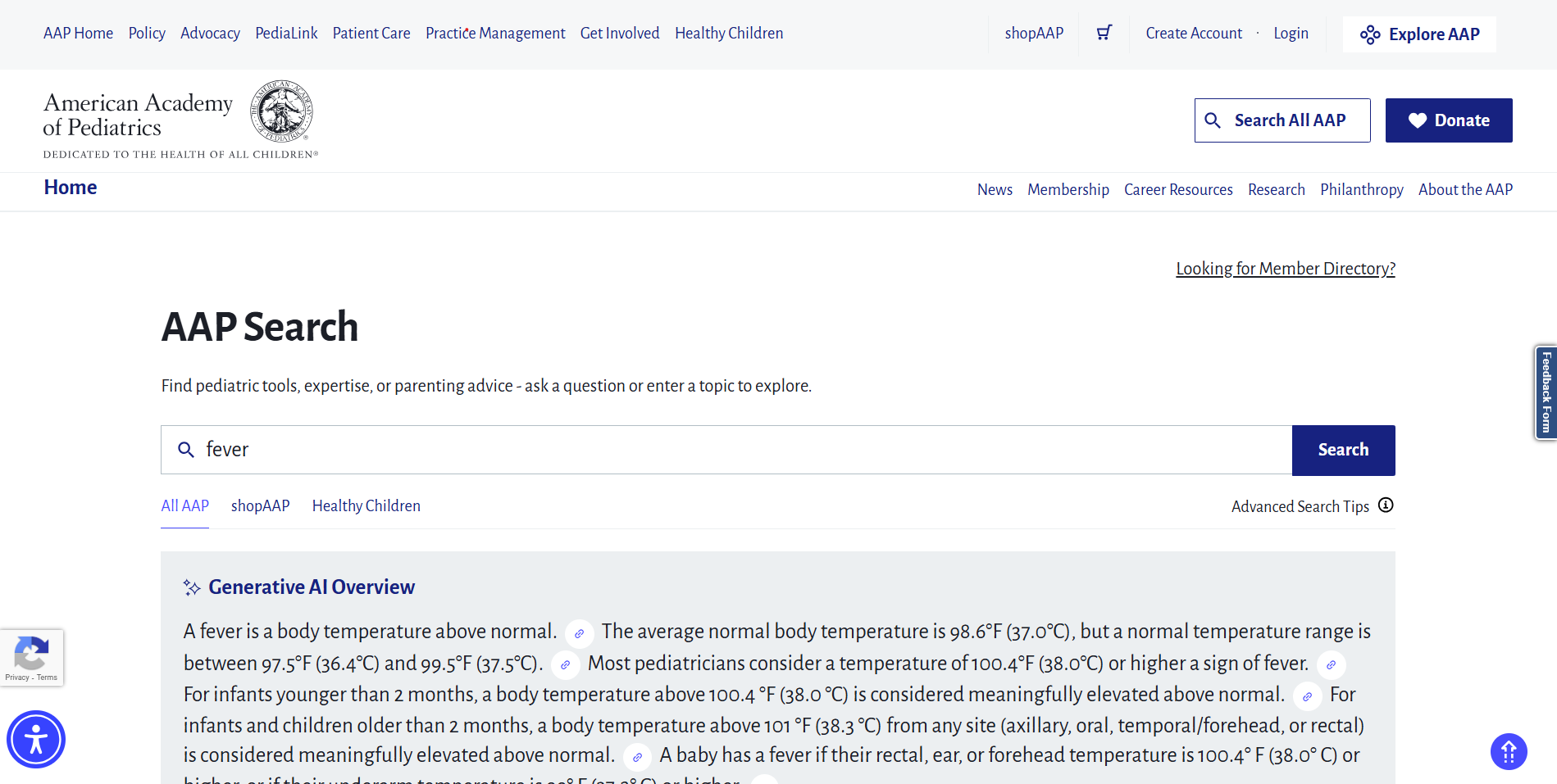 American Academy of Pediatrics search interface