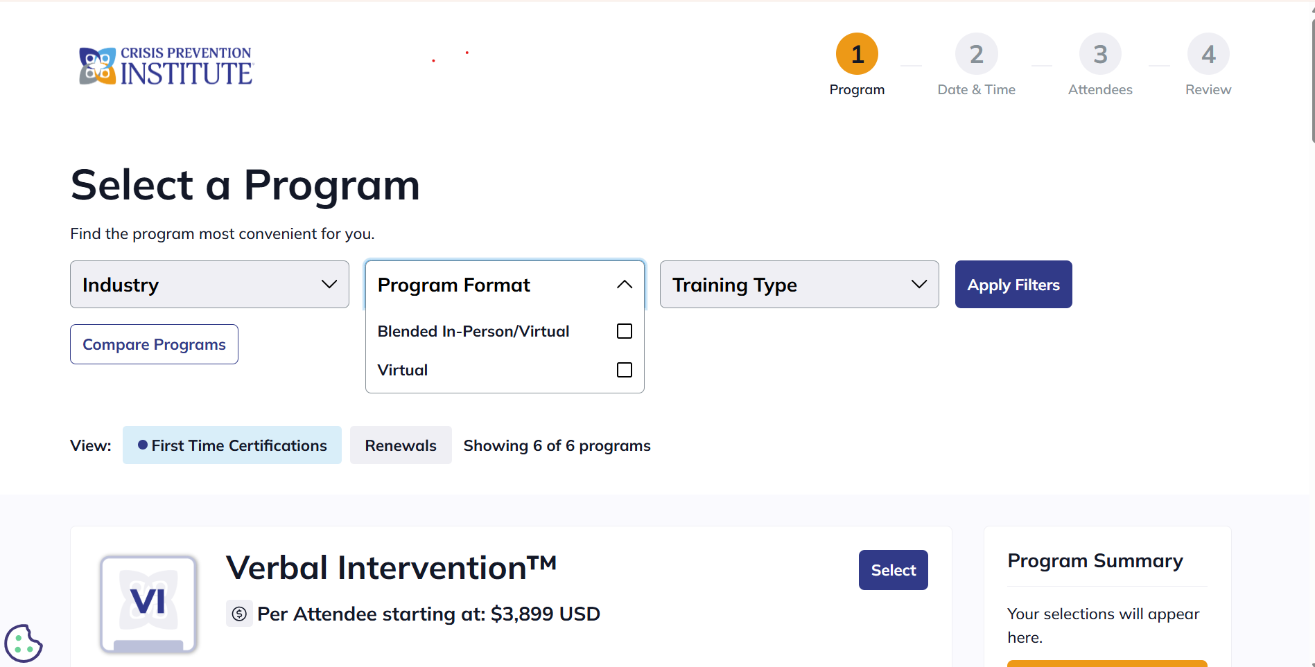 Crisis Prevention Institute event registration interface